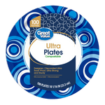 Great Value Ultra paper plate with blue circular pattern and an overlaid product label showing brand name and package details