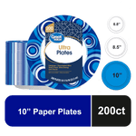 Packaged Great Value Ultra Plates with blue circular design, label showing 200 count and 10" size graphics.