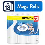 Front-facing pack of Great Value Premium Ultra Soft bath tissue with bunny mascot and '18 Mega Rolls = 72' label