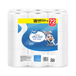 Clear full pack of Great Value Premium Ultra Soft toilet paper showing label, barcode and 18 mega = 72 messaging