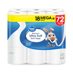 Packaged Great Value Premium Ultra Soft bath tissue showing bunny mascot and yellow '18 Mega = 72' header