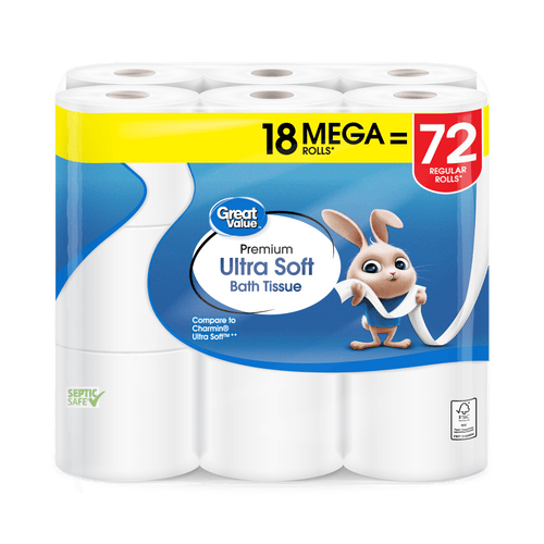 Packaged Great Value Premium Ultra Soft bath tissue showing bunny mascot and yellow '18 Mega = 72' header