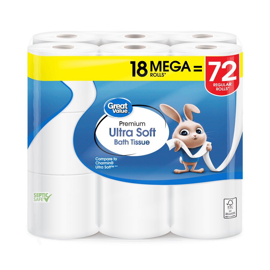 Packaged Great Value Premium Ultra Soft bath tissue showing bunny mascot and yellow '18 Mega = 72' header