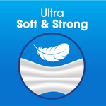 Blue infographic panel with feather icon and text 'Ultra Soft & Strong' highlighting softness and strength