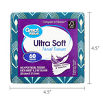 Great Value Ultra Soft tissue cube shown with measurement lines indicating 4.5 inch width and height beside product