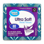 Close-up front view of Great Value Ultra Soft facial tissue cube with purple label, '60 Tissues' badge and feather graphic