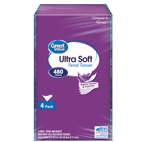 great value ultra soft facial tissues 4-pack bundle with 480 total tissues in purple packaging