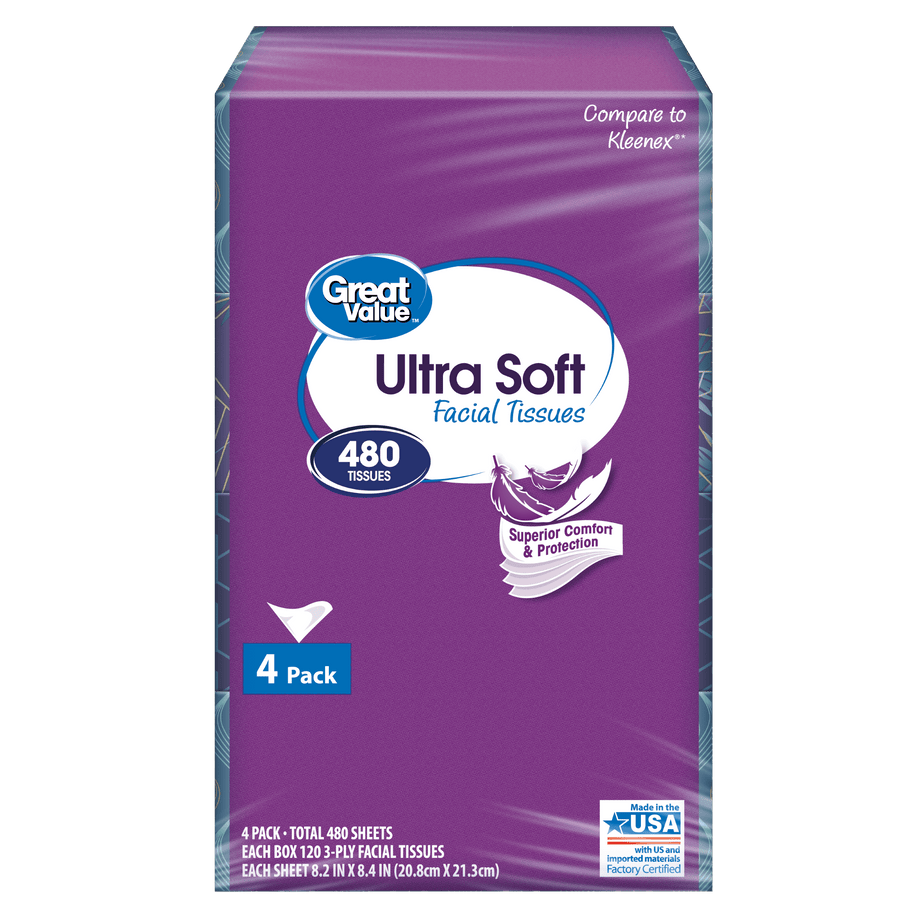 great value ultra soft facial tissues 4-pack bundle with 480 total tissues in purple packaging