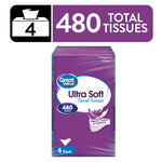 great value ultra soft facial tissues purple 4-pack package with a 480 total tissues callout