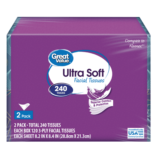 Packaged Great Value Ultra Soft facial tissues 2-pack front showing brand logo, 240 tissues callout and product details