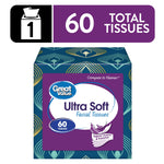 Great Value Ultra Soft facial tissue cube with patterned blue packaging and purple front label showing '60 tissues' badge.