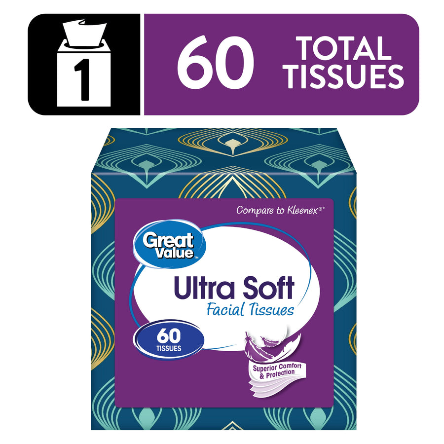 Great Value Ultra Soft facial tissue cube with patterned blue packaging and purple front label showing '60 tissues' badge.