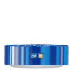 Side view of a stacked pack of Great Value Ultra blue patterned paper plates showing the printed edge and brand badge