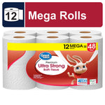 Packaged Great Value Premium Ultra Strong bath tissue showing 12 mega rolls with rabbit mascot on red label.