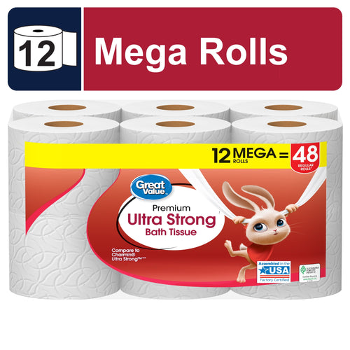 Packaged Great Value Premium Ultra Strong bath tissue showing 12 mega rolls with rabbit mascot on red label.