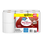 Great Value Ultra Strong bath tissue 12-mega-roll pack viewed from front with visible label, barcode and rabbit mascot.