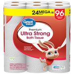 Close-up of Great Value Ultra Strong bath tissue pack label with 24 mega = 96 regular rolls callout