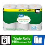 Front-facing Great Value Ultra Strong paper towels pack showing green label, yellow banner and text indicating 165 sheets per roll.