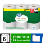Packaged Great Value Ultra Strong paper towels six triple rolls with green label and yellow banner showing 6 triple = 18 regular rolls.