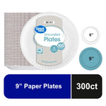 Packaged stack of Great Value uncoated 9-inch paper plates with label showing 'Uncoated Plates' and a 300ct badge