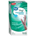 Green Great Value box for vinyl disposable gloves showing a gloved hand and product branding.