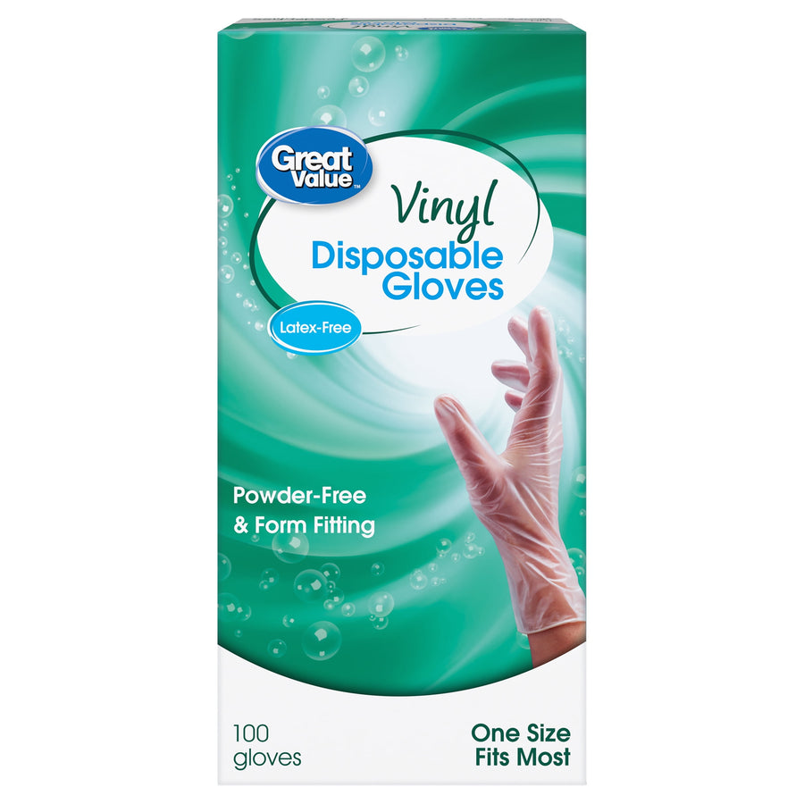Close-up front of a green Great Value vinyl disposable gloves package featuring a gloved hand and product name.