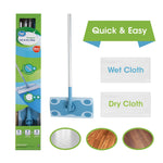 Great Value wet and dry mop kit flat lay showing boxed mop, mop head, wet and dry cloth labels and surface icons