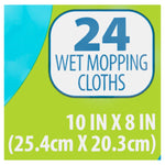 Close-up detail of packaging text showing '24 Wet Mopping Cloths' and size dimensions on Great Value product label