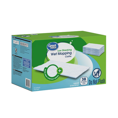Green and blue Great Value box of Low Streaking Wet Mopping Cloths showing product image, badge and 'Do Not Flush' icon