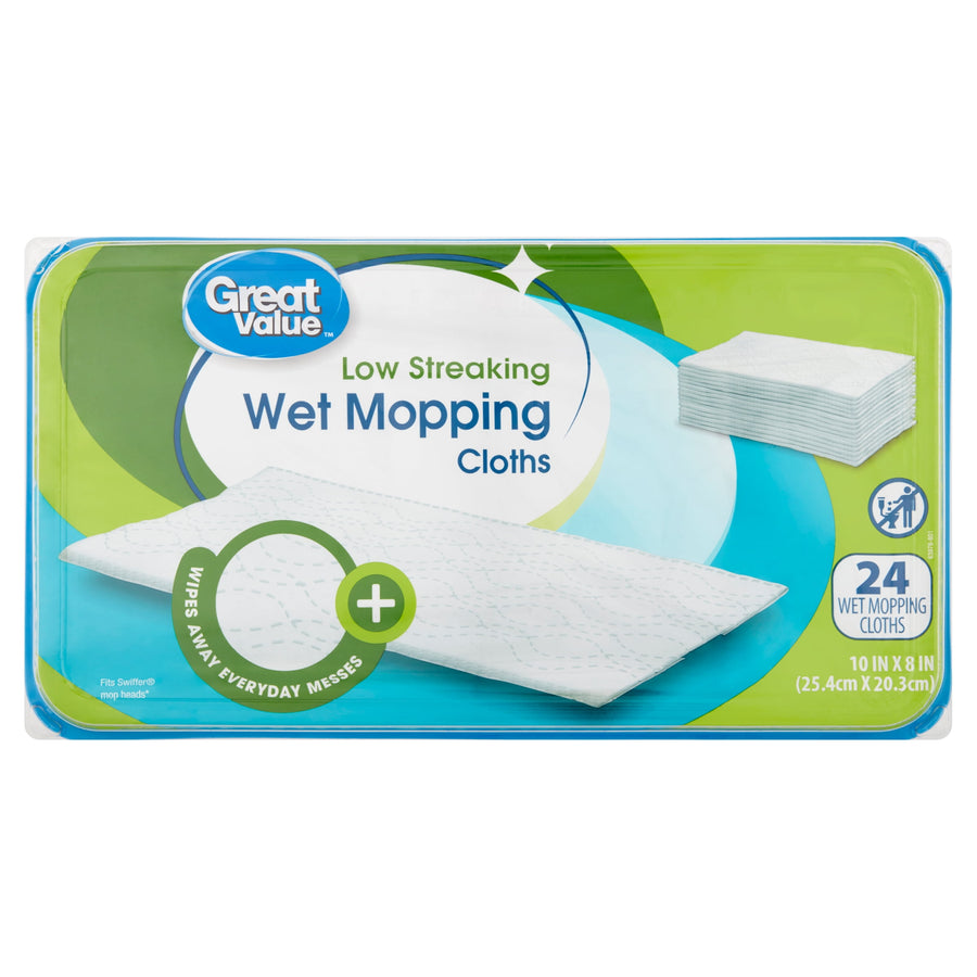 Flat front-facing shot of Great Value Low Streaking Wet Mopping Cloths package showing product image and branding