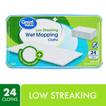 Great Value branded rectangular plastic package of low-streaking wet mopping cloths on a white background, front label visible