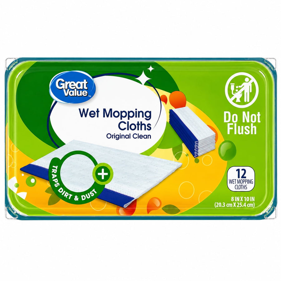 Great Value branded rectangular plastic tub of wet mopping cloths with green and yellow label and 'Do Not Flush' icon