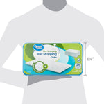Graphic image showing a person silhouette holding a Great Value wet mopping cloths package with a 6¼" height callout
