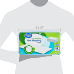 Graphic image of a person silhouette holding Great Value wet mopping cloths with an 11.5" width callout over the package