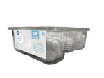 Angled side view of clear Great Value plastic tub displaying stacks of white disposable cutlery and a label indicating 240 assorted pieces