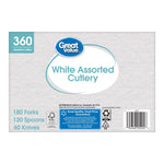 Great Value package back panel for white assorted cutlery showing product copy, barcode and recycling icons