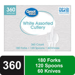 Great Value box front showing white assorted cutlery packaging with 360 count and fork, spoon, knife illustrations