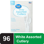 Front of Great Value White Assorted Cutlery box with fork, knife and spoon graphics