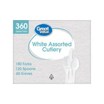 Front-facing Great Value White Assorted Cutlery box with 360 count badge and clear utensil images on textured background