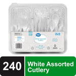 Clear plastic clamshell pack of Great Value white assorted cutlery with label showing 240 count and compartmented forks, knives, spoons
