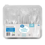Clear clamshell package of Great Value white assorted cutlery with visible label and separated compartments for forks, knives and spoons