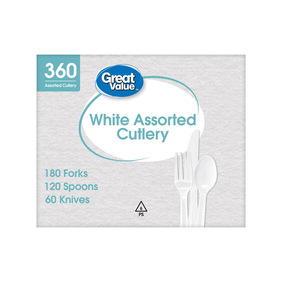 Great Value white assorted cutlery package showing 360 count and stacked transparent fork spoon knife artwork
