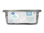 Side view of Great Value clear plastic tub containing white assorted cutlery with product label showing fork, spoon and count info