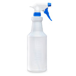 Translucent white plastic spray bottle with a blue trigger nozzle and visible measurement markings on the bottle.