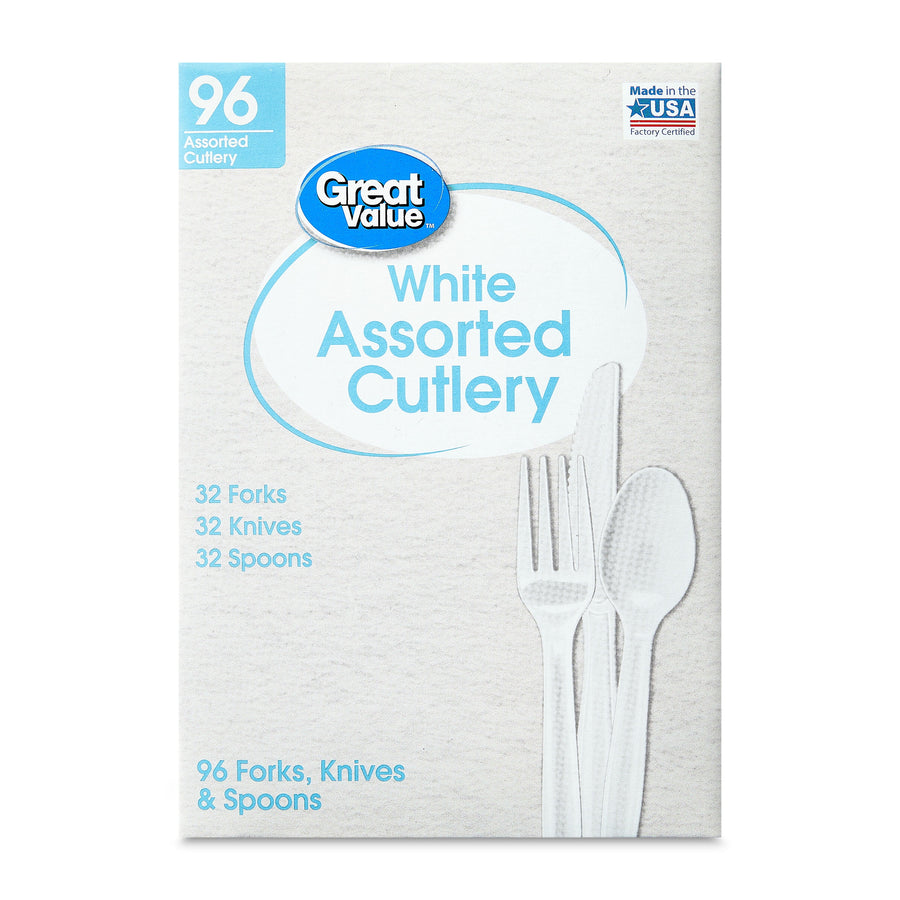 Close-up front view of Great Value White Assorted Cutlery retail box with utensil images