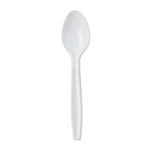 Single white plastic disposable spoon shown upright on a plain white background, full spoon profile visible