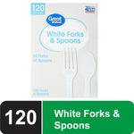 Front of Great Value boxed package labeled ‘White Forks & Spoons’ with fork and spoon images