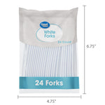 Packaged Great Value white forks with a teal "24 Forks" label and printed package dimensions at the sides.