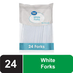 Packaged Great Value white disposable plastic forks in a clear bag with a blue "24 Forks" banner.