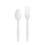 Single white plastic spoon and matching fork shown on a plain white background